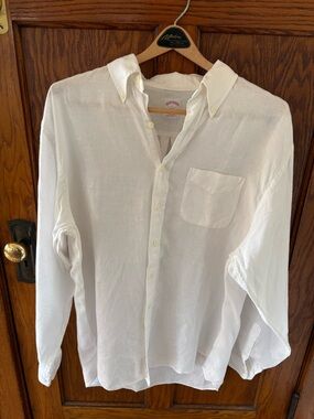 Brooks Brothers 346 White Linen Polo Button Down Shirt Large VGUC